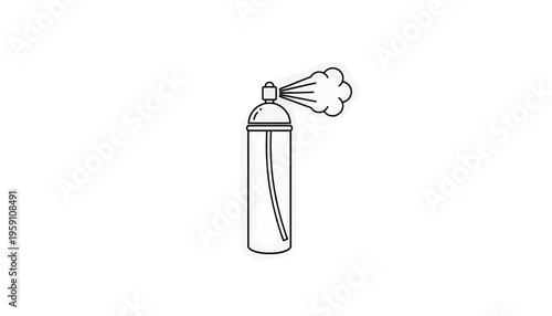 Aerosol spray can emitting a cloud of mist, isolated on white background, simple line art illustration