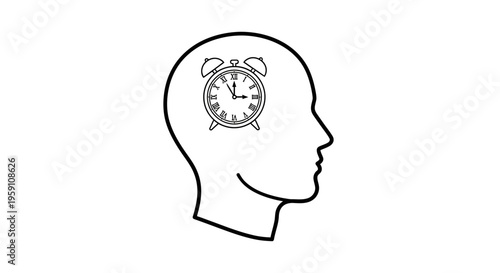 Alarm Clock in Human Head Silhouette - Time Management and Brain Concept