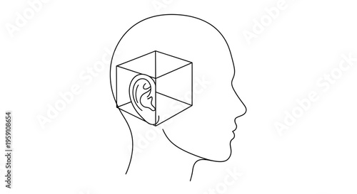 Abstract Concept of Hearing and Thought: Ear Inside a Cube in a Human Head Outline