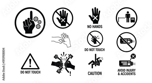 Safety warning signs depicting various workplace hazards and potential injuries