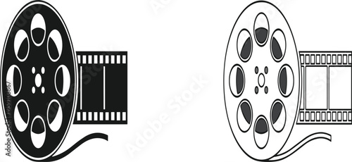 Cinema film reel vector illustration set featuring black solid and line art icons of vintage movie tape for entertainment and production