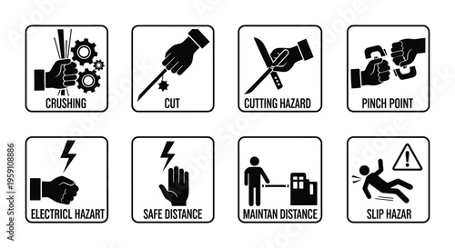 Safety warning signs depicting various workplace hazards and potential injuries