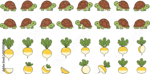 Cute cartoon turtle characters in various poses with yellow radish vegetable collection including whole half and sliced pieces for children education and healthy food design,