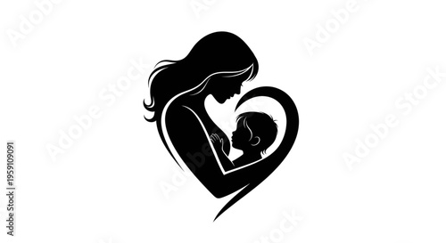 Mother and child silhouette forming a heart shape symbol of love and care