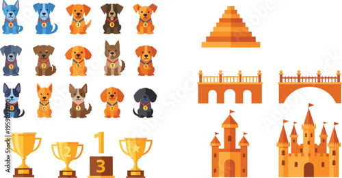 Flat vector illustration collection featuring cute dog characters with medals gold trophies winner podiums and sandcastle fortresses for games and competition themes