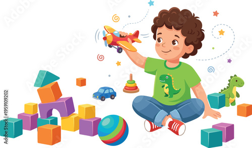 Little Boy Playing with Colorful Airplane Toy, Wooden Building Blocks, Dinosaur, and Car in Nursery or Playroom Setting Vector Illustration