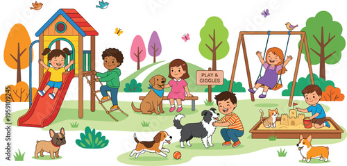 Happy Diverse Children Playing with Dogs and Cats in Outdoor Playground Park Featuring Slide, Swings, Sandcastle, and Colorful Trees Vector Illustration