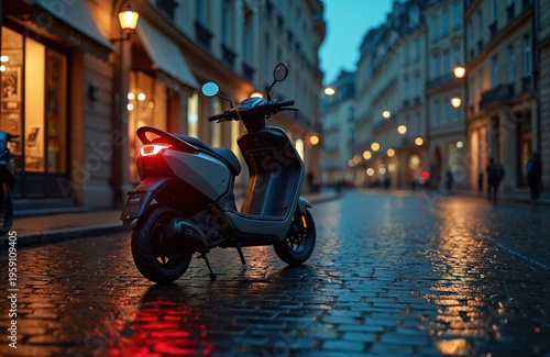 Modern electric scooter parked on wet cobblestone street in European city at dusk. Warm shop lights glow on buildings. Clean urban transport moves quietly.