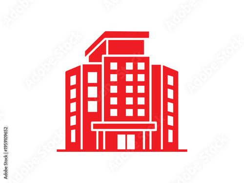 A solid red graphic icon representing a modern corporate office building stands isolated against a white background.