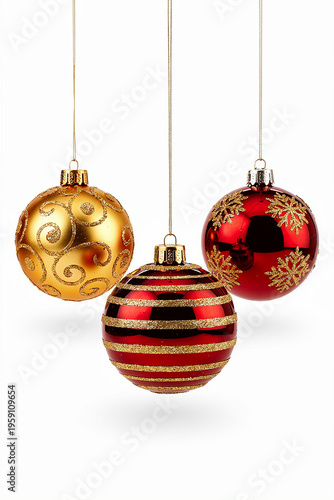 Three Hanging Christmas Baubles with Gold Red and Black Patterns