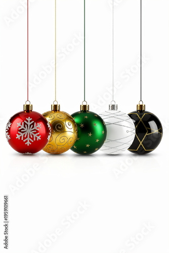 Set of Five Hanging Christmas Baubles in Red Gold Green White and Black