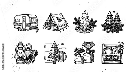 Vector line art set of camping icons including caravan tent campfire lantern pine tree and marshmallow on stick

