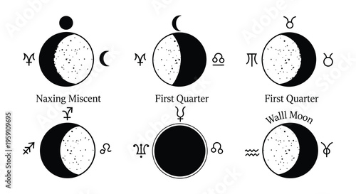 Illustrative depiction of lunar phases astrological symbols and zodiac signs
