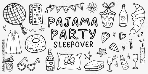 A playful doodle set illustrating elements of a pajama party and sleepover