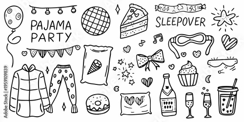 A playful doodle illustration depicting elements of a pajama party
