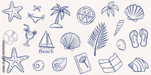 Blue line drawing of summer beach elements and tropical motifs