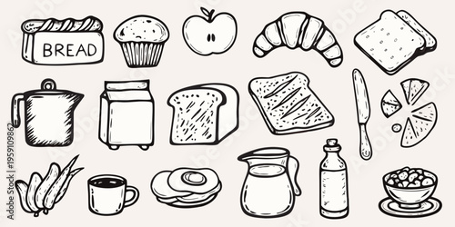 Sketch of breakfast items including bread fruit coffee and baked goods