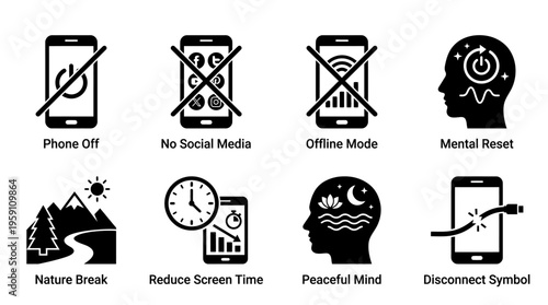 Digital Detox & Mental Wellness Vector Icon Set – Calm Vectors Featuring Offline Mode, Screen Breaks, Nature Escapes, Peaceful Minds, No Social Media, and Mental Reset
