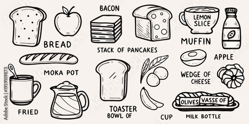 A collection of hand drawn breakfast and brunch food items