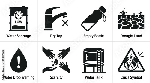 Water Scarcity & Drought Crisis Vector Icon Set – Urgent Vectors Featuring Dry Taps, Empty Bottles, Drought Land, Crisis Warnings, Water Tanks, and Scarcity Symbols
