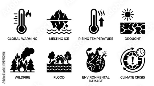 Climate Change & Global Warming Vector Icon Set – Impactful Vectors Featuring Melting Ice, Drought, Wildfires, Rising Temperatures, Floods, Factory Emissions, and Environmental Crisis