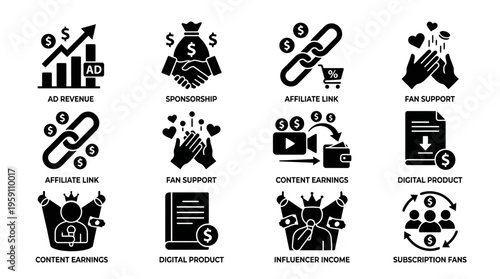 Creator Income & Digital Monetization Vector Icon Set – Strategic Vectors Featuring Ad Revenue, Sponsorships, Affiliate Links, Fan Support, Subscriptions, and Digital Product Sales