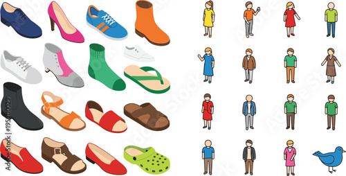 Large isometric vector collection of various shoes including sneakers heels boots and sandals alongside small casual people characters for fashion lifestyle and community design projects,
