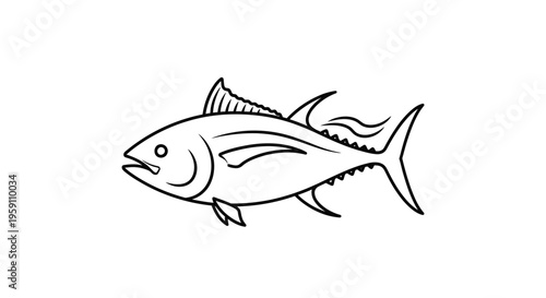 Tuna Fish Outline Drawing, Simple Line Art, Seafood Icon, Marine Life