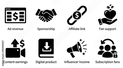 Creator Income & Digital Monetization Vector Icon Set – Strategic Vectors Featuring Ad Revenue, Sponsorships, Affiliate Links, Fan Support, Subscriptions, and Digital Product Sales