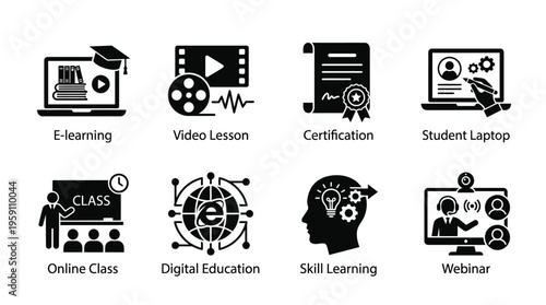 E-Learning & Digital Education Vector Icon Set – Smart Vectors Featuring Online Classes, Video Lessons, Certifications, Webinars, Student Devices, Skill Development, and Global Learning Platforms