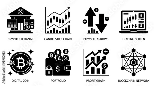 Cryptocurrency & Financial Trading Vector Icon Set – Bold Vectors Featuring Bitcoin, Exchange Charts, Buy/Sell Signals, Market Trends, Blockchain Networks, and Digital Assets