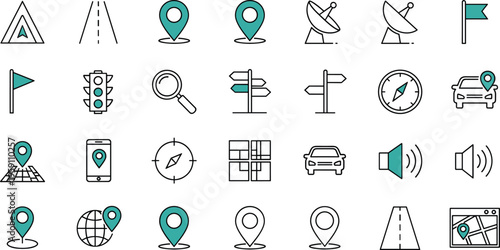 Modern vector icon set for navigation and travel featuring teal map pins gps tracking symbols compass road signs and satellite dishes for digital interface design