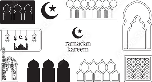 Ramadan kareem islamic design elements and mosque silhouettes for eid celebration  various shapes and patterns