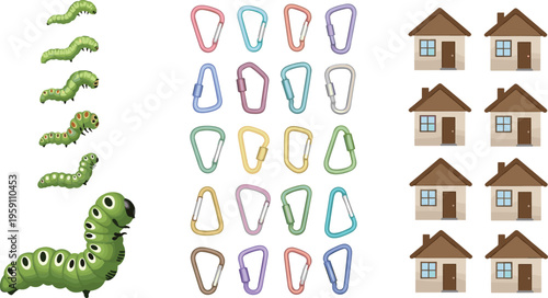 Vector illustration set featuring green caterpillar life stages colorful climbing carabiner clips and simple house icons for education and outdoor themes