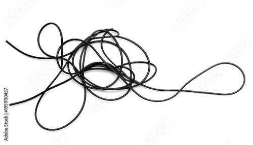 A tangled heap of black cord or string