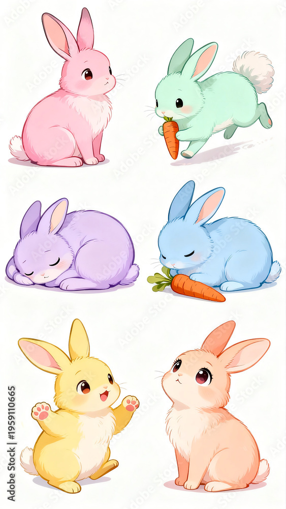 Fototapeta premium Cute Bunny Cartoon Collection, Pastel Rabbits in Different Poses