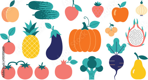 Flat fruit and vegetable vector set. Minimalist icons of dragon fruit, pineapple, pumpkin, broccoli, pomegranate, and beet for organic food branding and infographics.