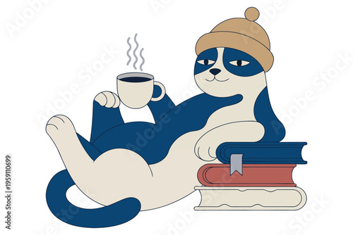 Cute and relaxed cartoon cat lounging with a hot cup of coffee and a stack of books illustration perfect for cozy reading lifestyle and leisure themes