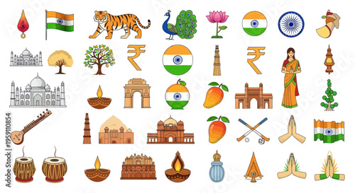 India Icons Collection: Taj Mahal, Tiger, Peacock, Flag, Mango, Lotus