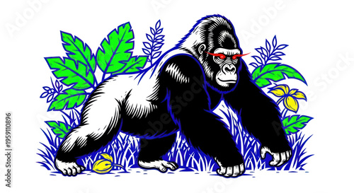 Cool Gorilla Walking in Jungle with Sunglasses and Tropical Plants