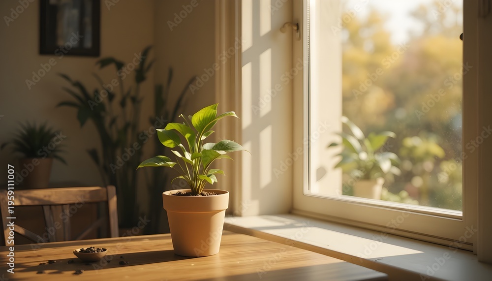 Fototapeta premium Flowers in Pot with Soft Sunlight by Window