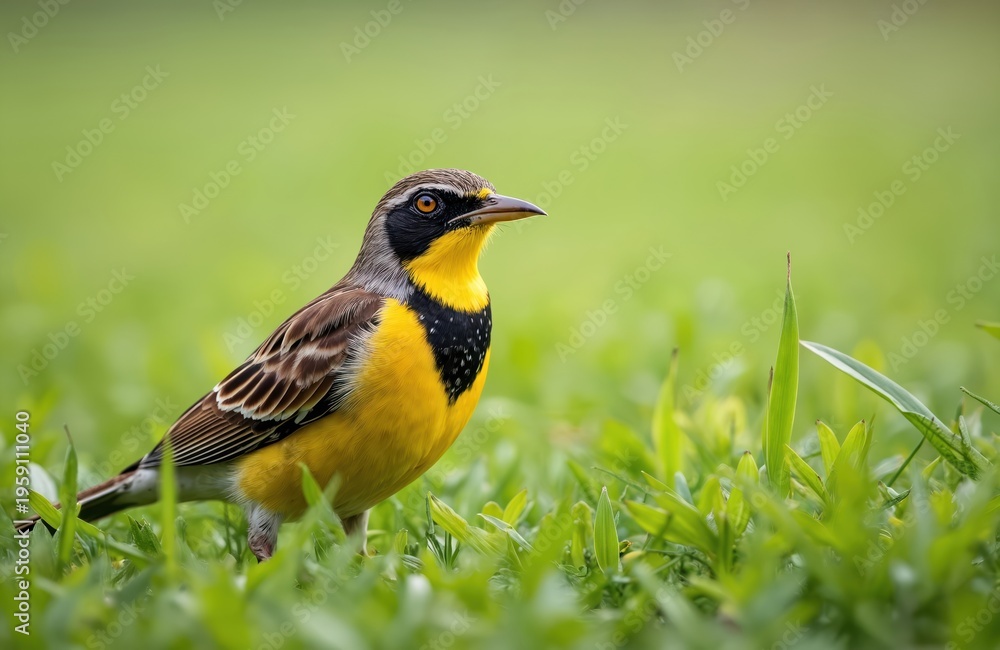 Fototapeta premium Western meadowlark bird with yellow breast and black bib sits in green grass field. Small songbird has brown wings and striking eye markings. Avian life in natural meadow habitat.