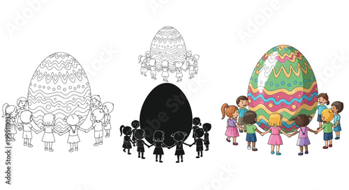 Vector illustration of diverse children holding hands in a playful circle around a giant decorated Easter egg design, perfect for springtime holiday graphics.