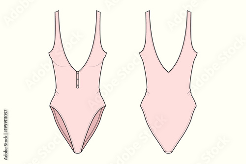 Ladies Deep V-Neck Button Placket One-Piece Swimwear Fashion Technical Flat Sketch