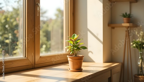 Flowers in Pot with Soft Sunlight by Window