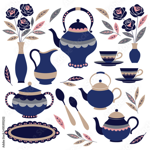 Vintageinspired blue floral tea set with teapots cups saucers and decorative vases featuring elegant roses and leaves pattern