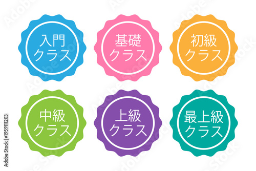 二重ラインの波形バッジで構成したクラスレベル表示セット（鮮やかな6色展開）