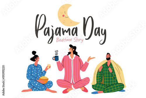 Pajama day or party card bedtime story illustration diverse friends in sleepwear sharing stories for slumber party event invitations, social media and greeting cards.