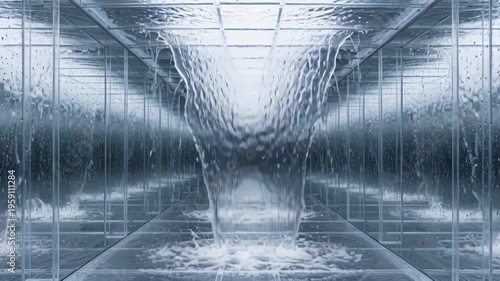 Abstract endless water flow in geometric mirrored room, clean liquid pouring