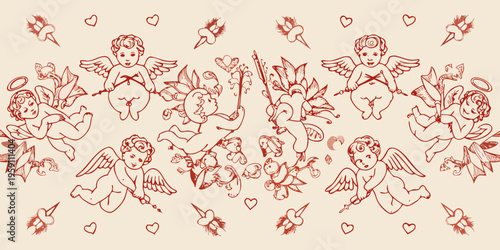 Vintage sketch of cherubic angels with bows arrows and hearts